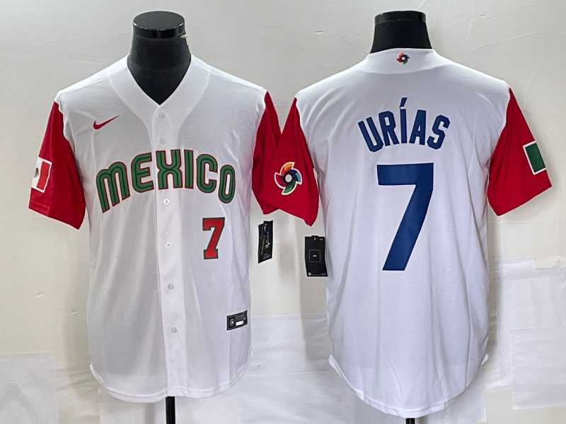 Mens Mexico Baseball #7 Julio Urias Number 2023 White Red World Classic Stitched Jersey3